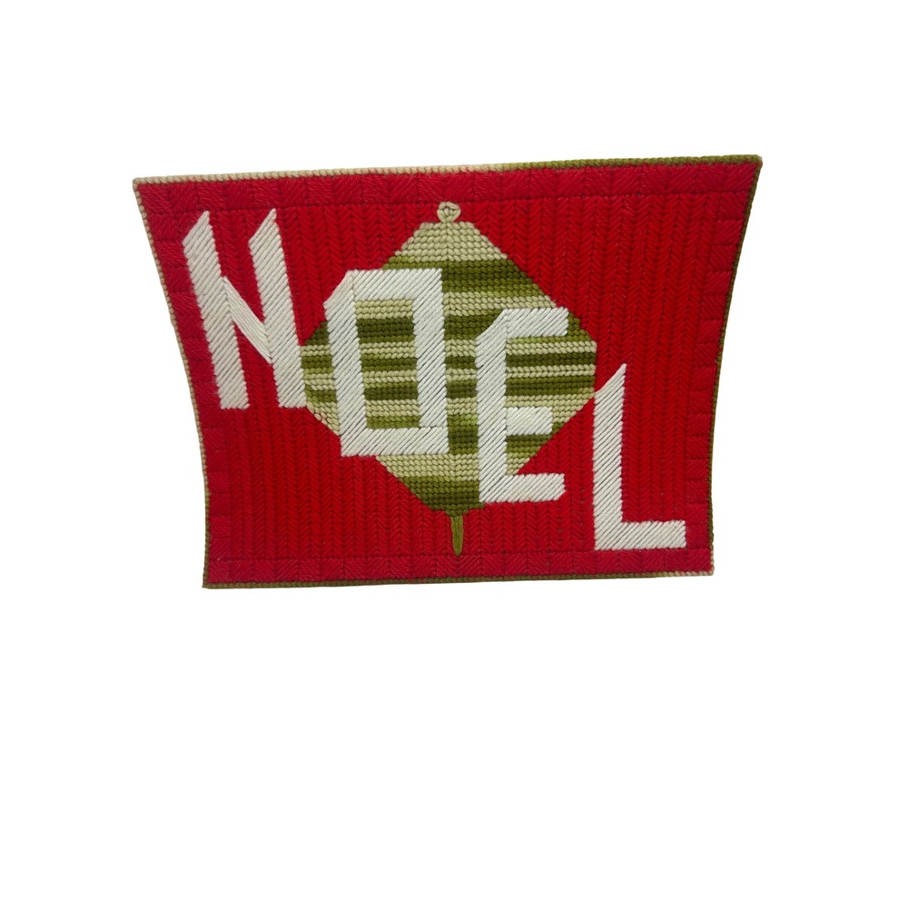 VTG Needlepoint Yarn Canvas Red Noel‎ Ornament Handmade